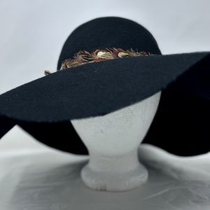 Olive & Pique black felt hat floppy wide rim feather band